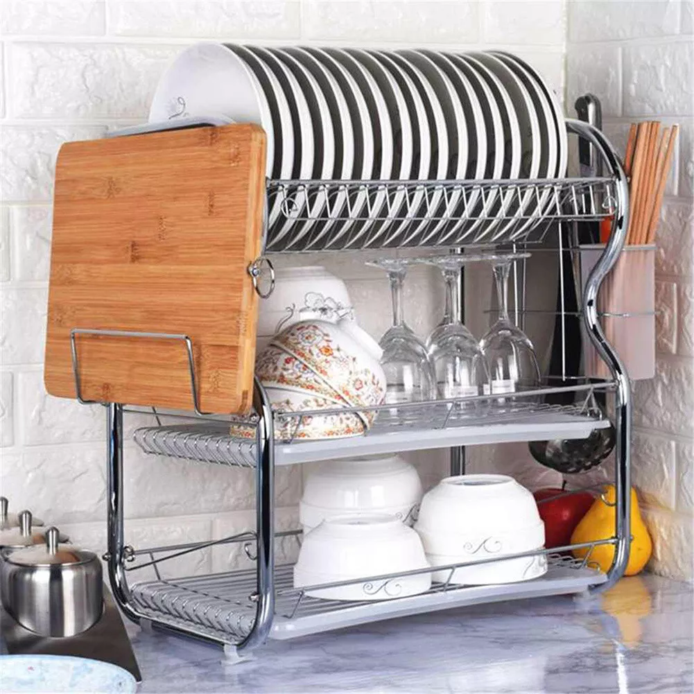 2 Tiers Dish Drying Rack Kitchen Drain Board Dish Drainer Cutlery Utensil  Holder