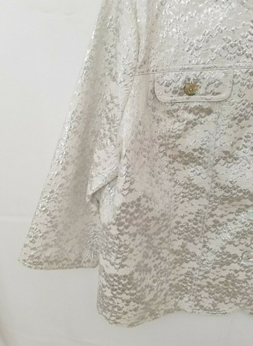 Ruby Rd Jacket Collarless White/Silver Print Button 3/4 Sleeve Pockets Size 20W - Picture 6 of 8