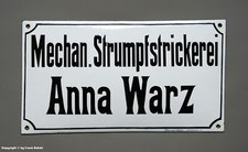 ALTES Emailschild - Mech. Strumpfstrickerei Anna Warz - wohl um 1930