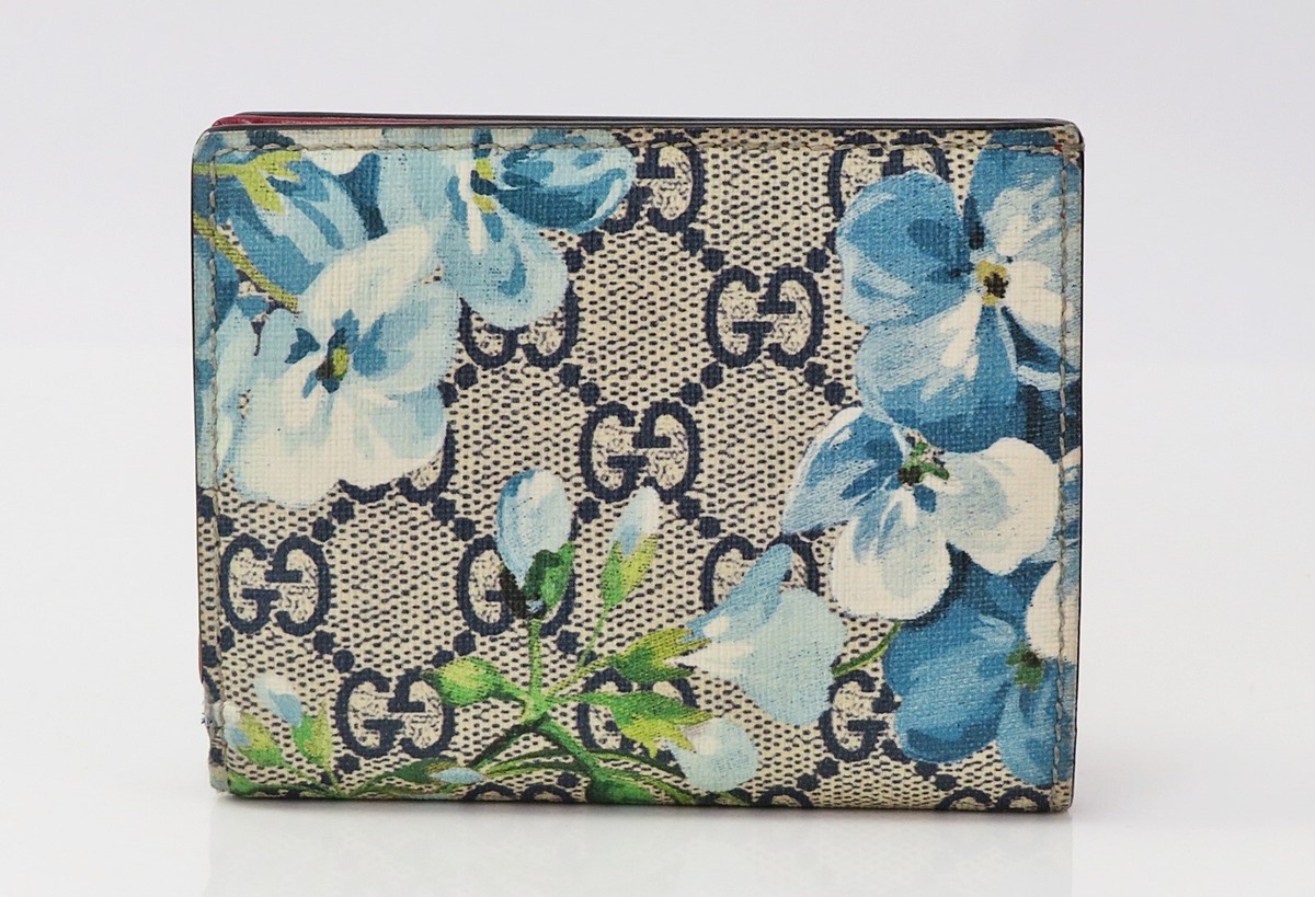 Auth GUCCI Blue GG PVC Blooms Floral Printed Folio Wallet #59062