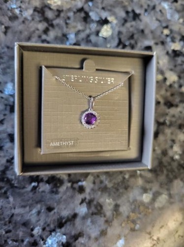Sterling Silver Natural Amethyst CZ Cubic Zirconia Halo Pendant Necklace - Picture 7 of 8