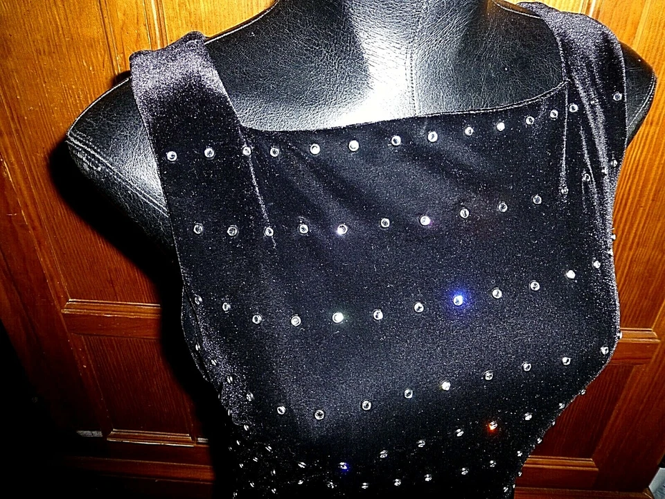 Maxi Vestido de Fiesta de Noche Falda De Colección Tadashi Negro Terciopelo Brillante Estrás Foto 4 de 4