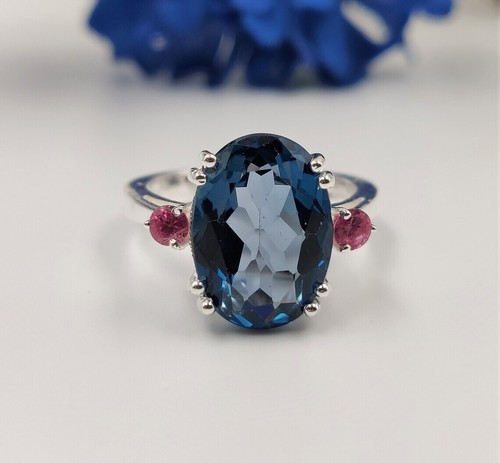 Anillo de topacio azul Lab London - Anillo de tres piedras de corte ovalado, anillo de topacio azul Londres - Imagen 7 de 8