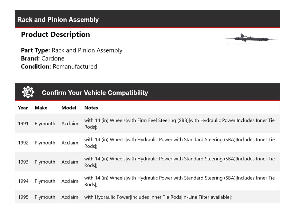 Para 1991-1995 Plymouth Acclaim montaje de estante y piñón cardone 1992 1993 1994 Foto 2 de 4