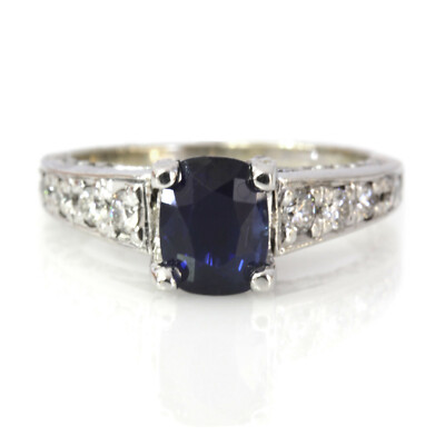 1.8 ctw Natural Blue Sapphire Diamond Solid 14k White Gold Crown Engagement Ring