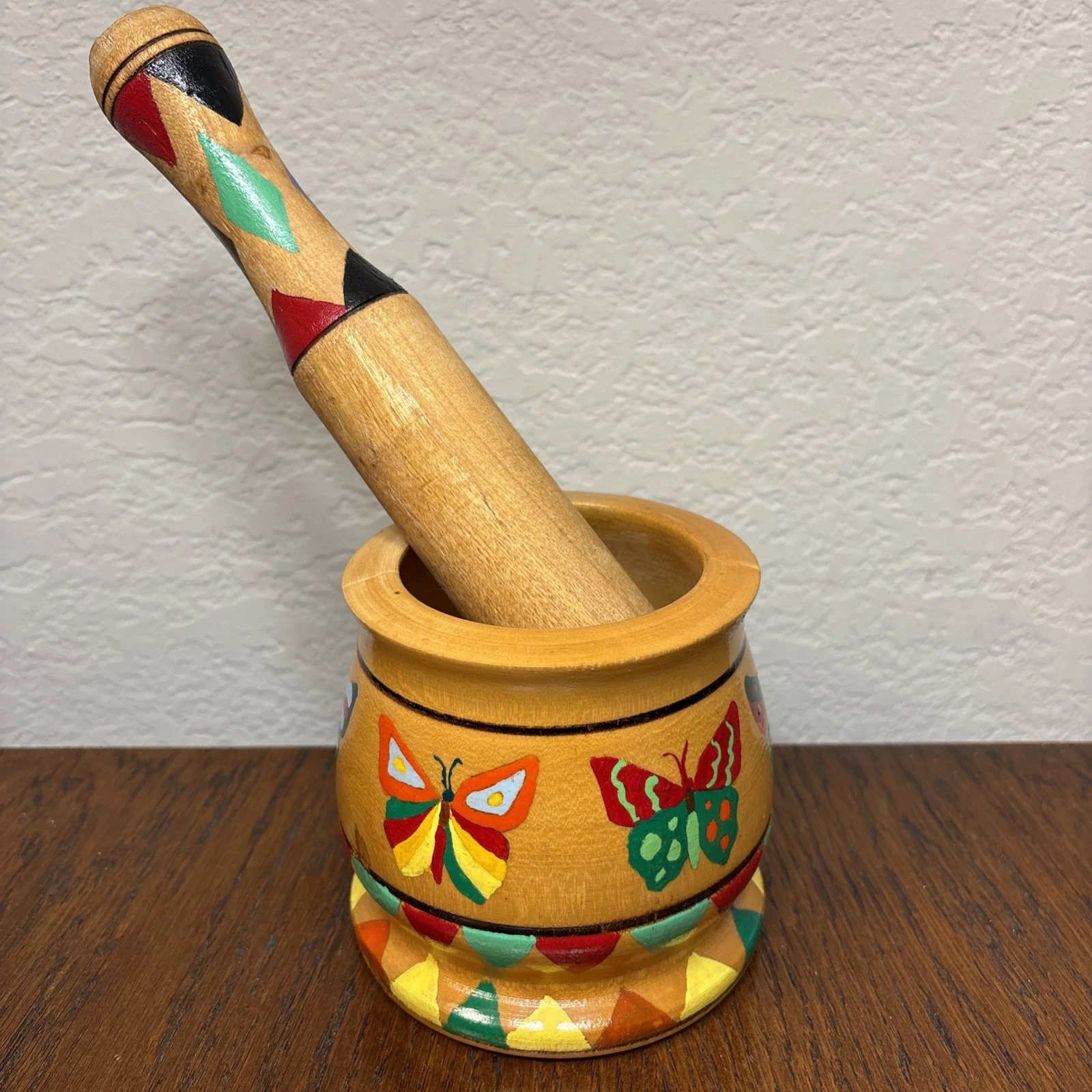 NEW Vtg African Folk Art Wooden Mortar & Pestle Rafiki Foundation Colorful