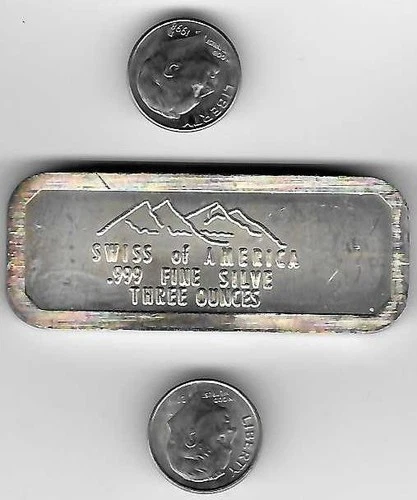 1 Swiss of America Rare Error Variety 3 Troy Oz Ounce .999 Fine Silver Round Bar