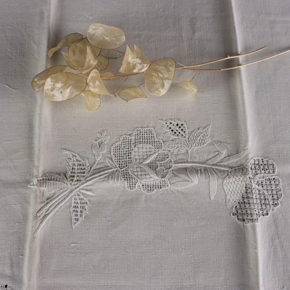 Serviette Ancienne en Lin Brodé Décorations Italie XIXe Siècle Originale - Photo 4/4