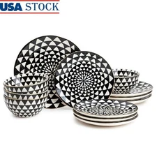 12 Piece Stoneware Dinnerware Set Medallion Plates Bowls Elegant Dining Safe New