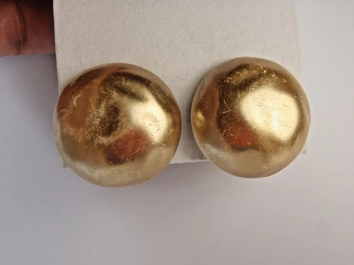 Vintage Carolee Large Matte Satin Gold Tone Button Clip on Earrings 1980s