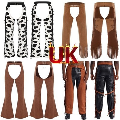 US Mens Cowboy Chaps Western Motorcycle Tassel Pants Buttless Cutout Costume