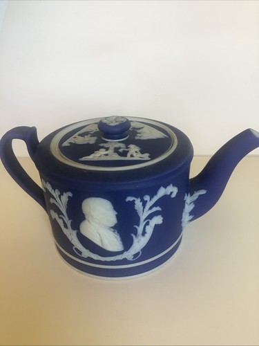 Wedgwood Cobalt Blue Dipped Jasperware Teapot Washington/Franklin RARE - 第 4/13 張圖片