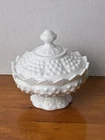 Vintage Fenton Hobnail Candy Dish With Lid Pedestal Milk Glass