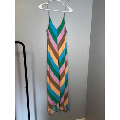 Tibi Julian Stripe Maxi Dress Chevron Rainbow Size 8 V Neck Spaghetti Strap