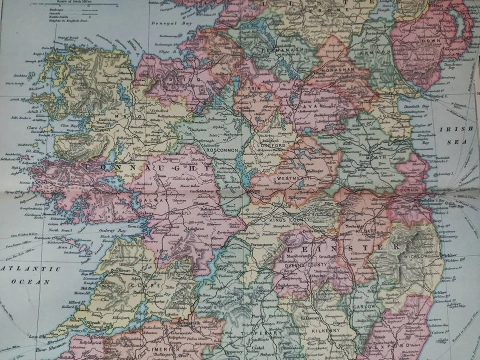 1897 Ireland large map. 128 years old. Dublin, Belfast, Cork, Galway, Waterford - Image 3 of 4
