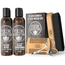 Beard Brush and Comb Set with Peppermint Eucalyptus Beard Wash and Conditione...