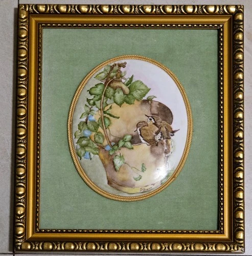 Vintage Porcelain Painted Birds Art Wall Plaque Signed P. Brown 