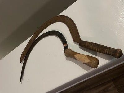 Vintage Hand Forged Sickle Set Primitive Farm Tool Wood Handle Rustic Pair