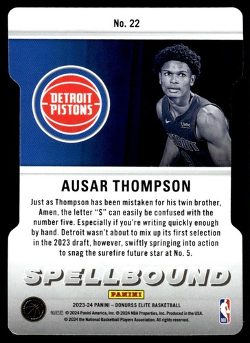 2023-24 Elite Orange Spellbound Orange Die Cut Ausar Thompson Detroit Pistons - Foto 2 di 2
