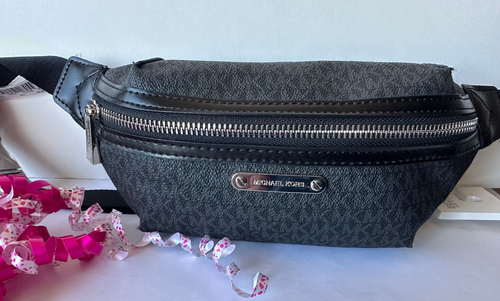 NWT $78 MICHAEL KORS BLACK/GRAY FAUX LEATHER BELT BAG/FANNY PACK