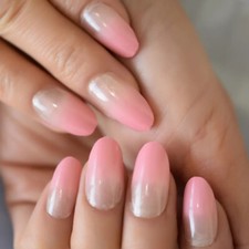 24 Medium Press on Nails kit glue on almond pink ombre nude pale