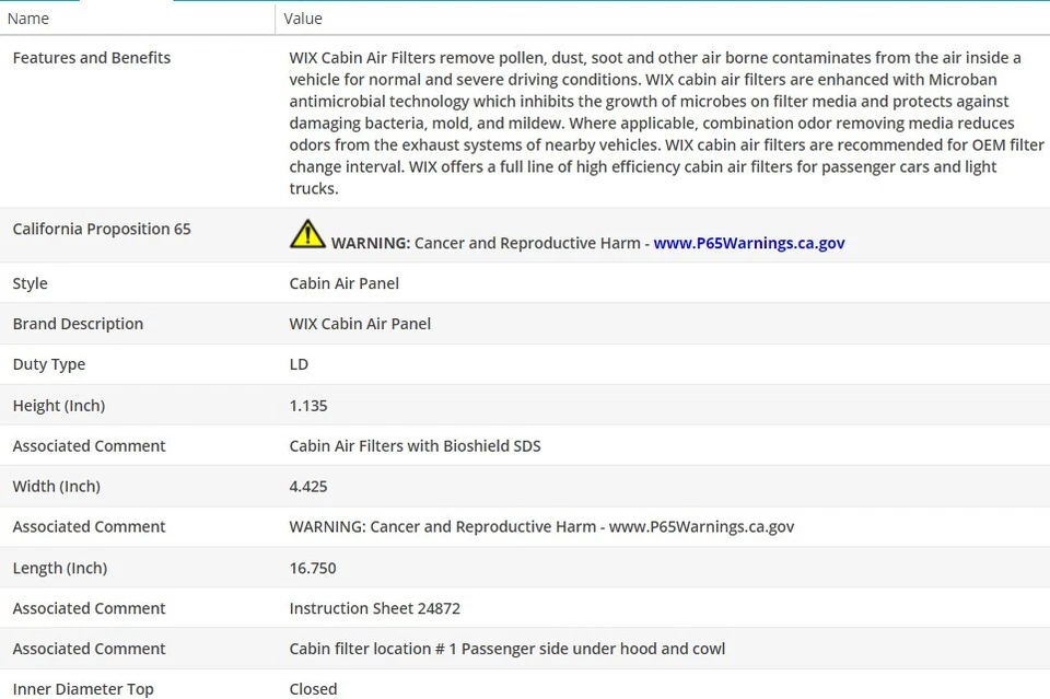 OEM CABIN AIR FILTER WIX For PONTIAC TORRENT 2006-2009 V6-3.4L - Image 2 of 3