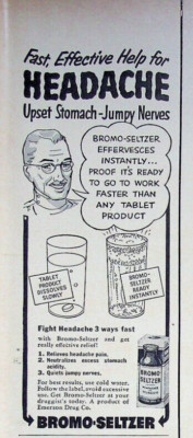 1950 Bromo Seltzer Vintage Print Ad Stops Headache Upset Stomach Jumpy Nerves