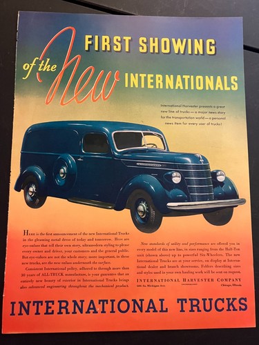 1937 International Trucks "First Showing" - Vintage Original Print Ad Wall Art