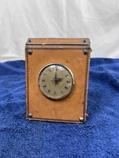 Vintage Leather Wrapped Mantle/Desk Clock Unmarked