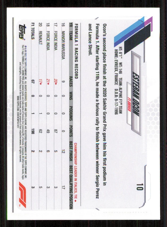 2021 Topps Chrome Formula 1 #10 Esteban Ocon - Image 2 of 2