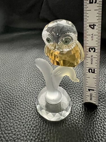 Vintage Faceted Art Glass Crystal Amber Owl Frosted Glass Branch Green Eyes 4” - Picture 5 of 6