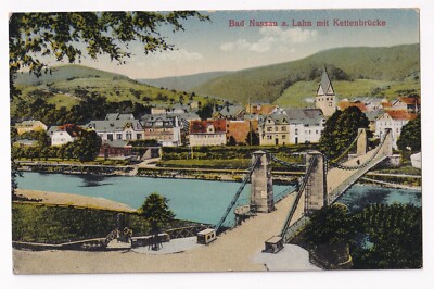 BAD NASSAU LAHN um 1910: KETTENBRÜCKE über die LAHN, colorierte Fotokarte ungel.