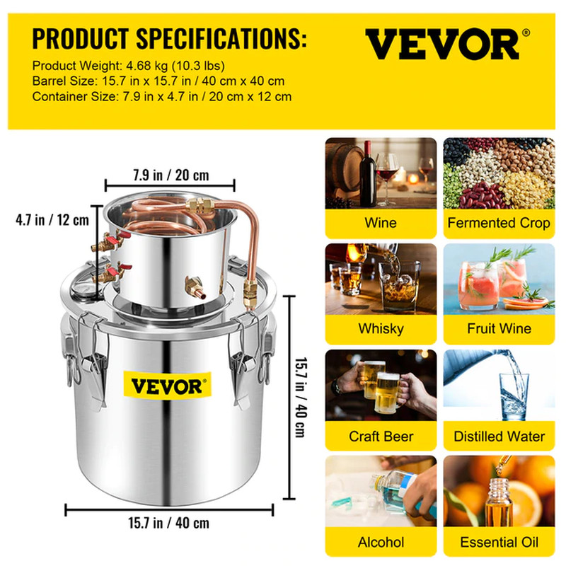 VEVOR 3 5 8 13 Gal Distiller Alambic Moonshine Alcohol Still Stainless Copper DI