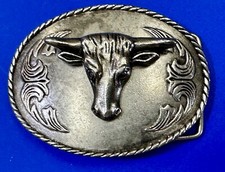 The Longhorn cow steer - cowboys cowgirls western oval silver tone belt buckle