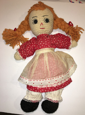 CHILDS Vintage Handmade REDHEAD Doll TOY Crochet RED HAIR GIRL APRON DRESS 16''