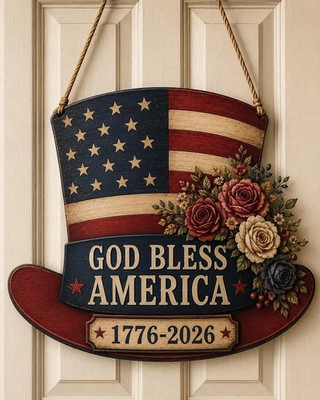 Patriotic Uncle Sam Hat Design Wooden Sign with Rope