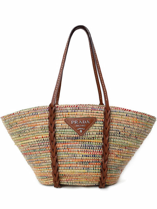 PRADA Straw Leather Handbag Tote Bag