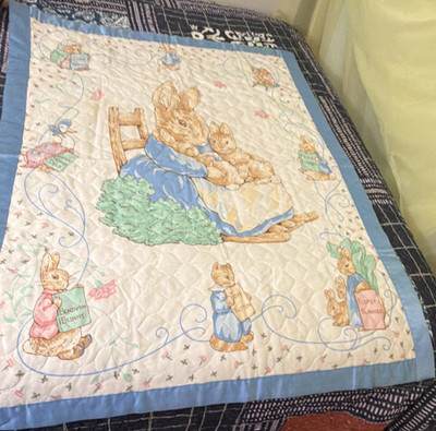 Beatrix Potter Peter Rabbit Embroidered Crib Quilt Blue Multicolor Bunnies