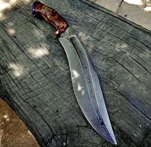UBR CUSTOM HANDMADE DAMASCUS STEEL HUNTING KUKRI KNIFE WITH LEATHER SHEATH  - Picture 1 of 3