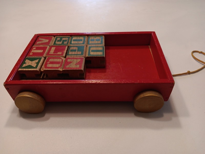 Vintage Alpha Blocks, Wooden Toy Blocks  And Pull Wagon,Milton Bradley, 1/2 Load