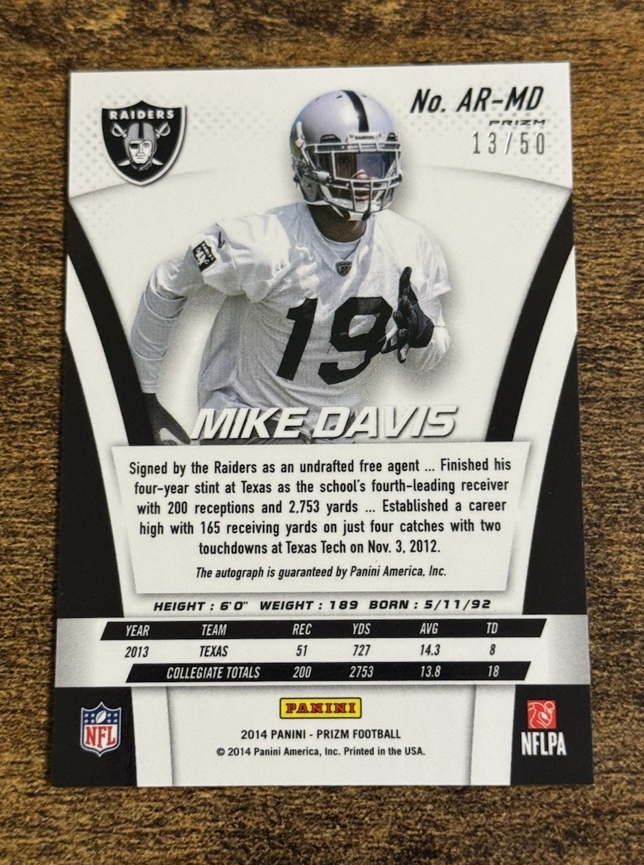 2014 PANINI PRIZM MIKE DAVIS GOLD LOGO ROOKIE AUTO /50 RAIDERS RC SSP FREE SHIP view 2