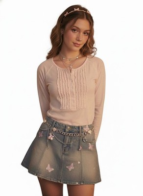 The Limited Y2K Dainty Coquette Henley Sweater Top Large Pink Ruffle Romantic