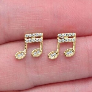 Authentic 1Ct Round Simulated Diamond Music Notes Stud Earrings In 14K Yellow Gold Plated