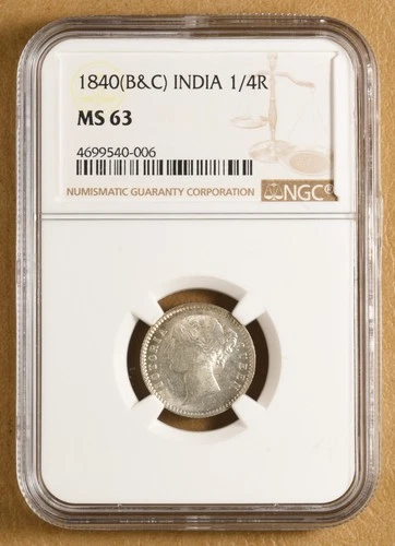 1840 B&C India 1/4 Rupee NGC MS63