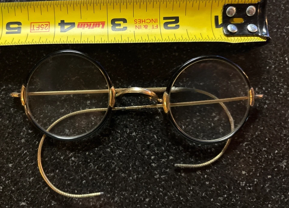 1920? Gafas de biblioteca redondas de celuloide dorado negro tortuga Foto 2 de 4