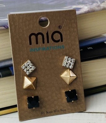 New Mia Inspirations Set of Three Stud Post Rhinestone Earrings