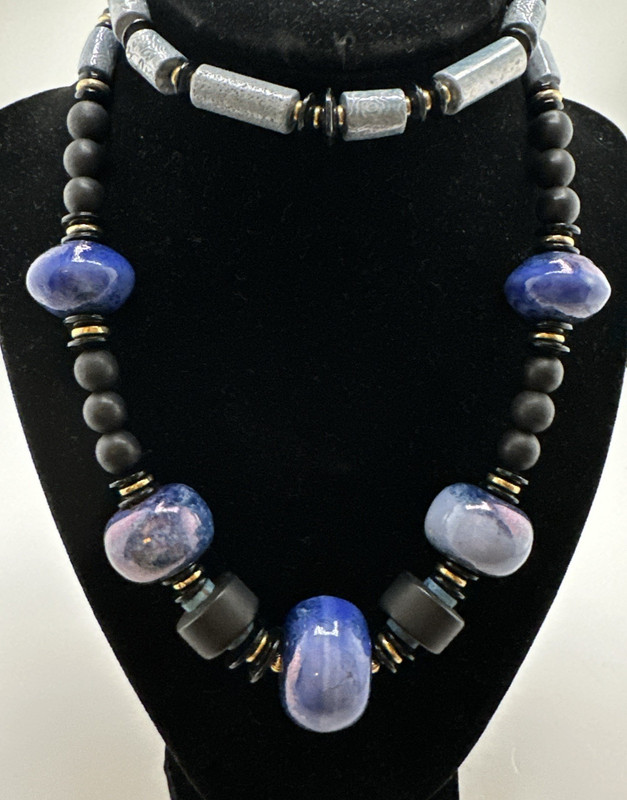 Vintage Blue Art Glass Porcelain Heishi Stone Beaded Chunky Necklace 28"