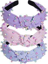 3 Pcs Pearl Knotted Headbands for Women Girls Colorful Jeweled Embellished Gem
