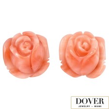 Estate Coral 14K Yellow Gold Carved Rose Stud Earrings 4.3 Grams NR