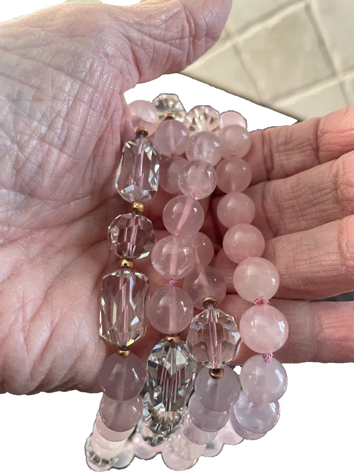 Vintage Beautiful Pink Rose Quartz and Clear Faceted Crystal Beads 34" Long  - Image 4 of 4